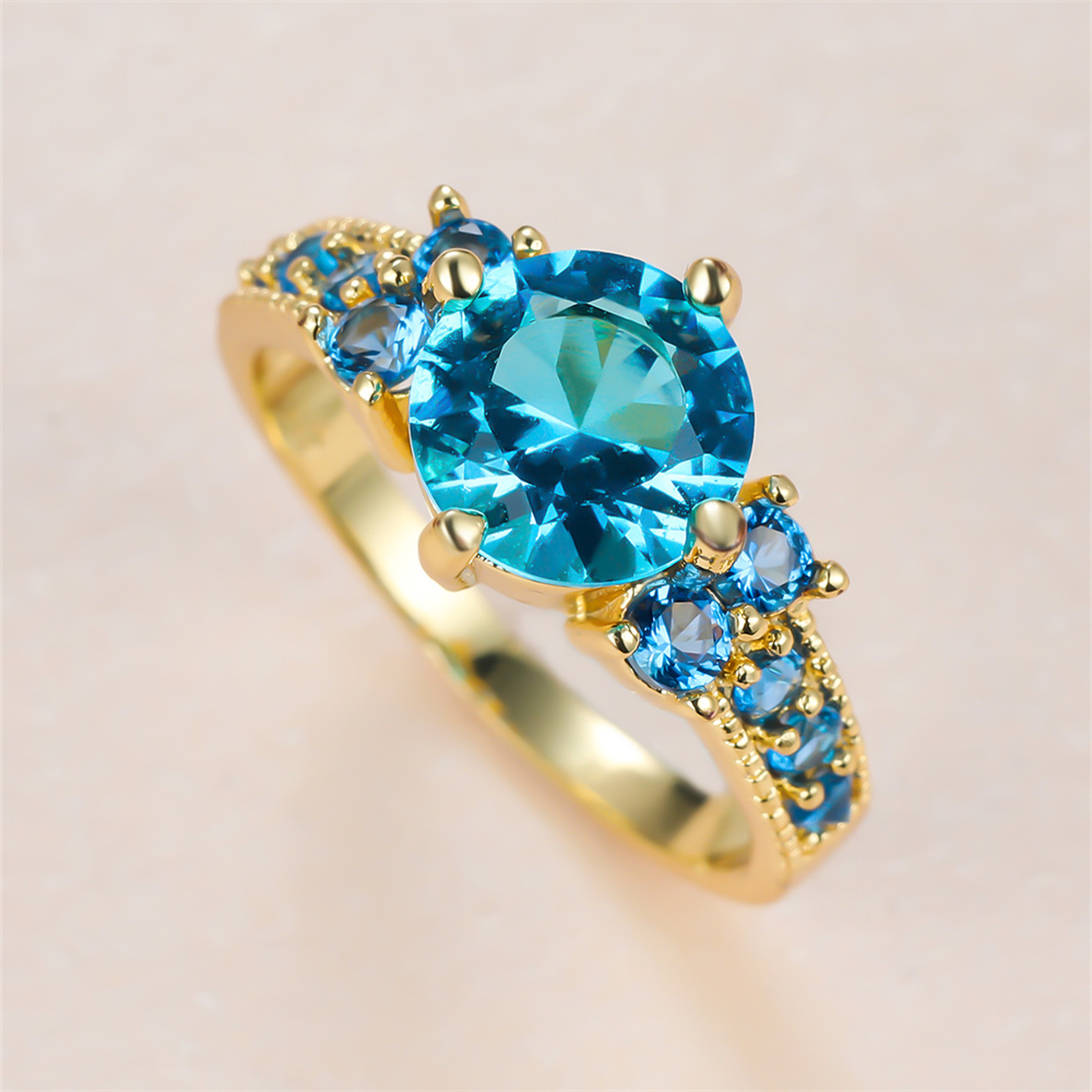 Birthstone Ring Set - Aqua Blue Crystal Round Stone Engagement