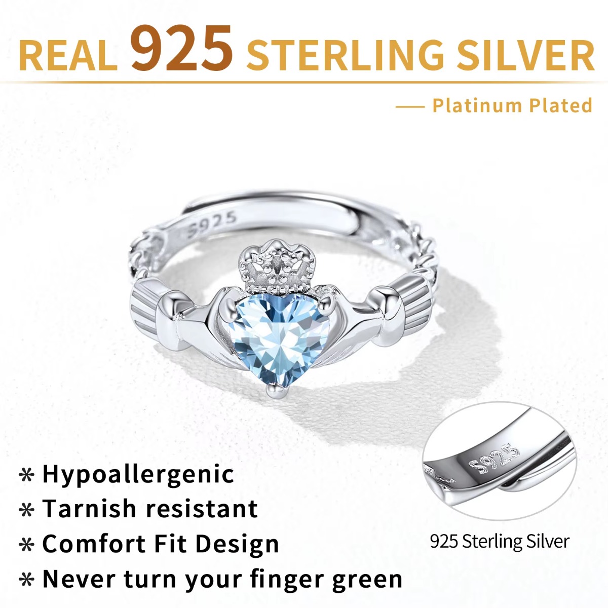 U7 3mm 925 Silver Claddagh Rin - đánh giá và giá Birthstone Ring Set