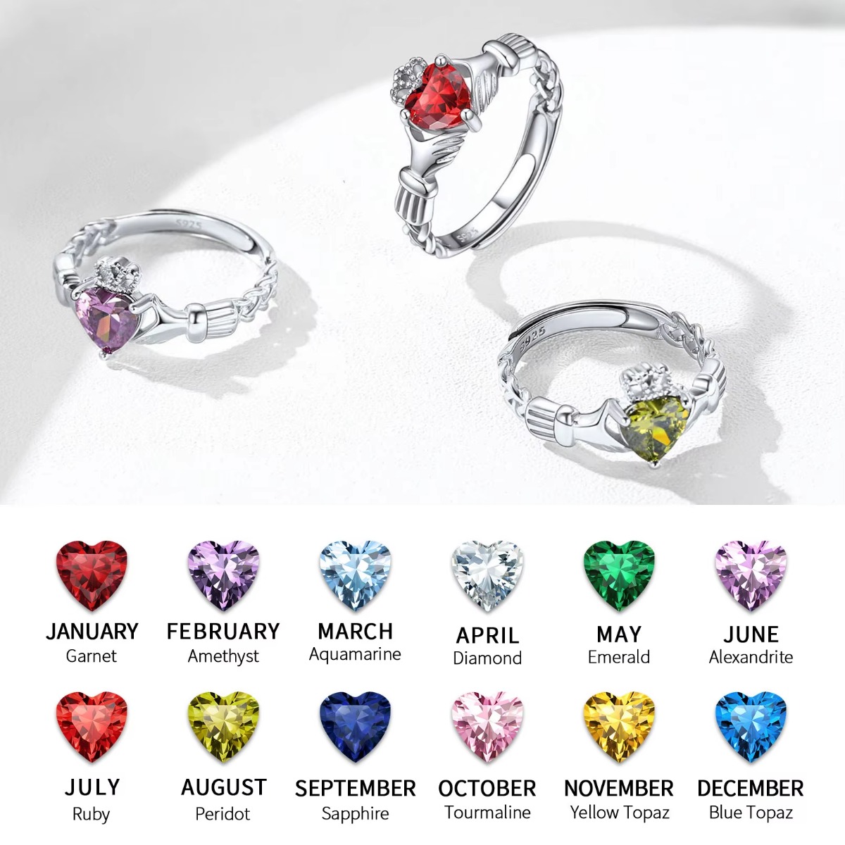 U7 3mm 925 Silver Claddagh Rin - đánh giá và giá Birthstone Ring Set